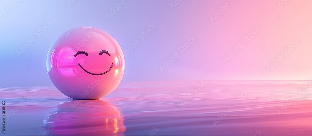Aufkleber Futuristic glossy smiley emoji positioned left on a smooth gradient backdrop of soft pink and blue hues creating a modern visual effect.