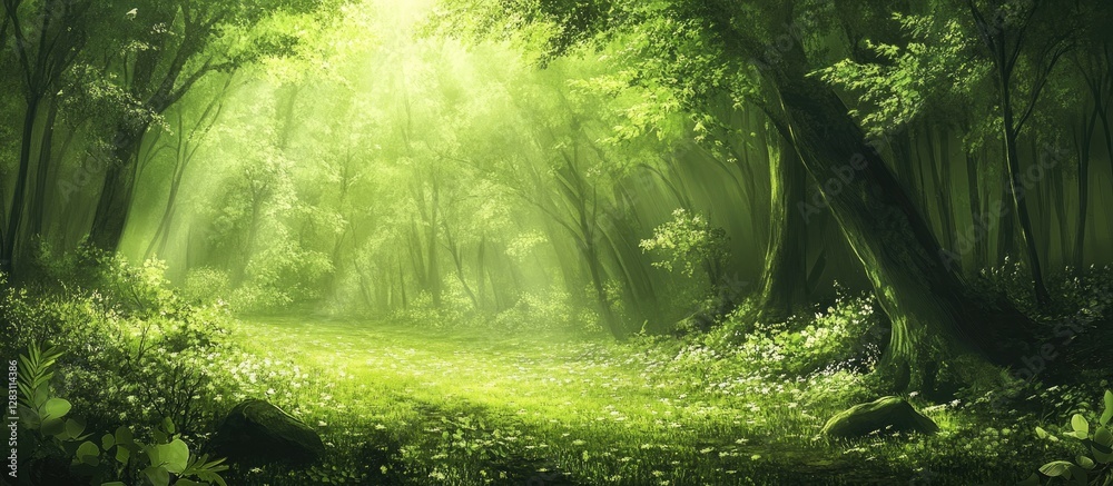 Poster vibrant green forest wallpaper enhances room ambiance with soft sunlight filtering through trees cre
