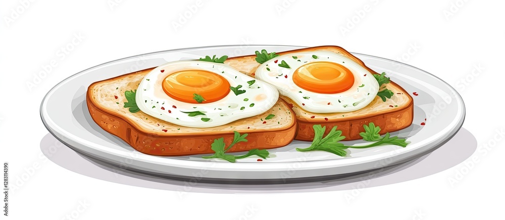 Aufkleber breakfast with two sunny-side-up eggs on whole grain toast garnished with green herbs set on a white