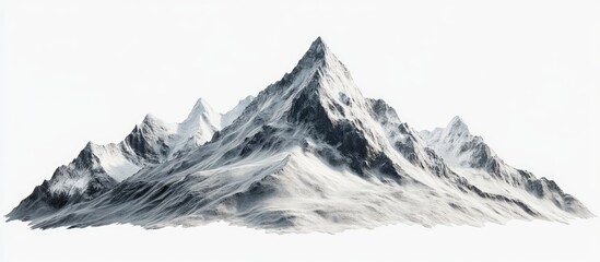 Majestic snow-capped mountains in shades of gray and white, surrounded by soft highlights on a minimalistic white background.