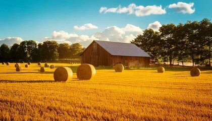barn in a sunny field with bales of hay 