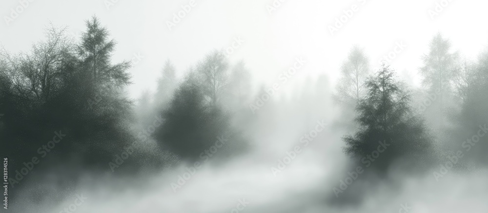 Aufkleber gray foggy mist in a serene natural landscape with soft trees silhouettes emerging, creating a tranq