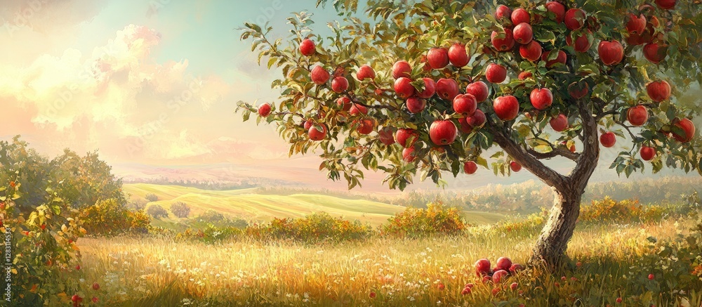 Poster vibrant apple tree with ripe red apples on left, green grass and rolling hills in soft focus backgro