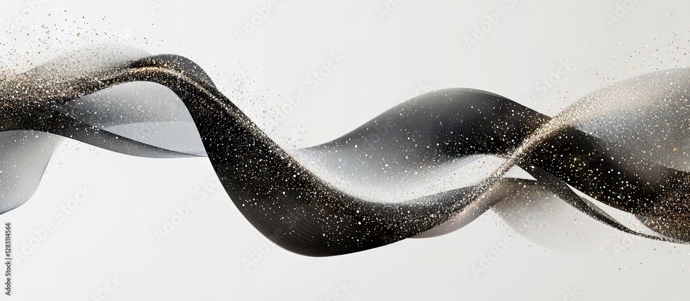 Leinwandbilder Elegant abstract composition showcasing intertwining black and metallic ribbon-like lines with a shimmering gold dust effect against a soft grey background.