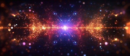 Obraz premium Colorful cosmic explosion with vibrant orange, purple, and blue particles radiating from the center against a dark night sky background.