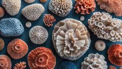 Assorted coral and marine organisms in various colors and shapes arranged on a flat surface viewed from above
