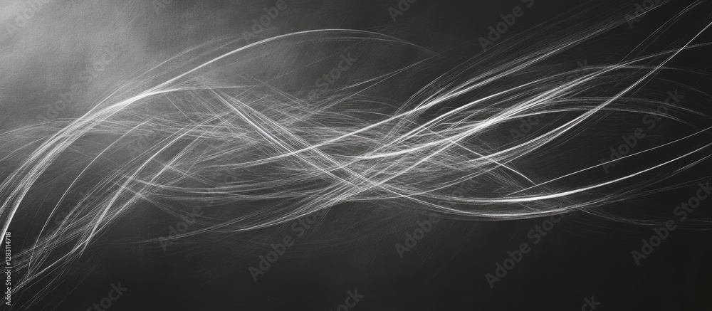 Poster elegant black and white abstract image with soft wispy light trails on a dark surface creating a str