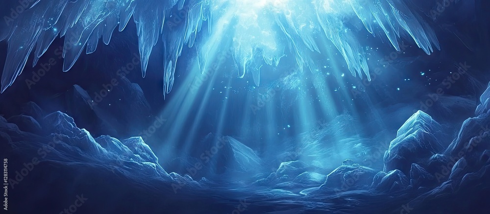 Poster subterranean glacier cave with intricate ice formations bathed in ethereal blue light, highlighting 