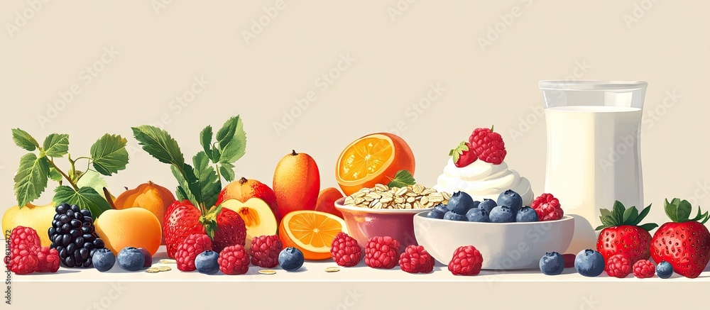 Poster nutritious breakfast spread with oatmeal topped with fruits and nuts, accompanied by yogurt and fres