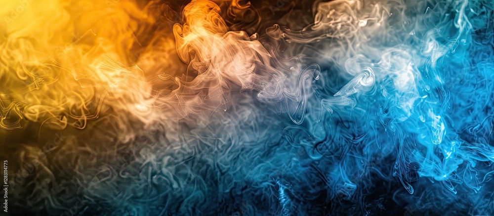 Poster vibrant blue and yellow smoke swirls against a dark background with ample copy space positioned on t
