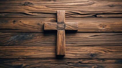 Wooden cross on rustic wooden background symbolizing faith and spirituality