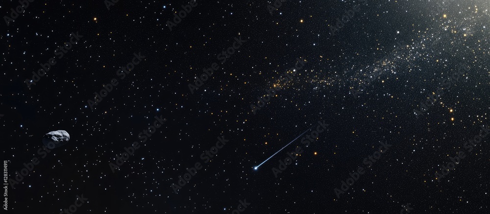 Poster a serene cosmic scene featuring a distant planet on the left, a bright comet streaking across a star