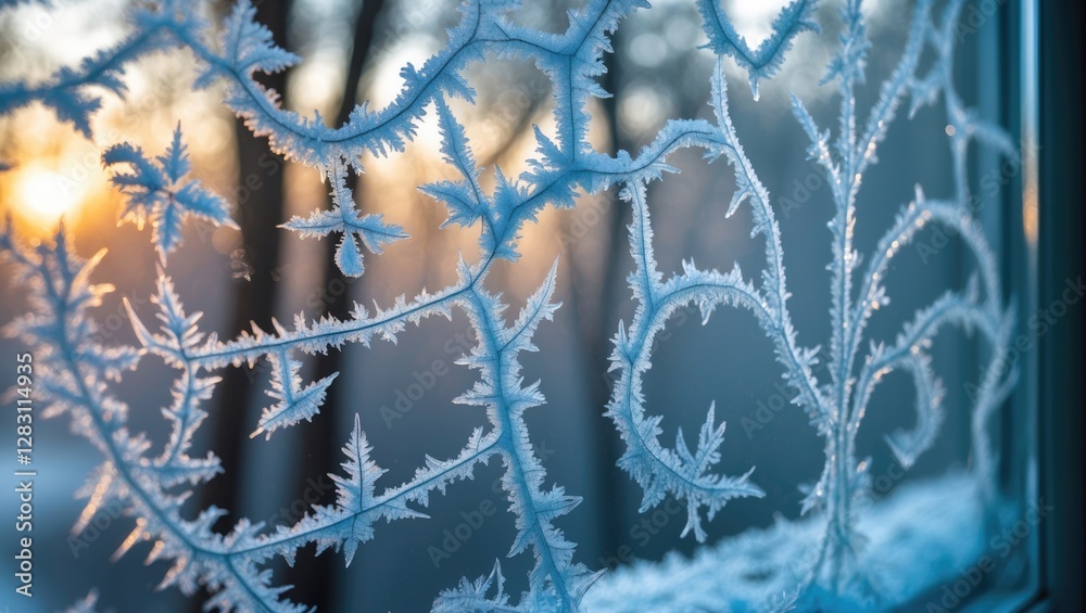 Wall mural frost patterns on window glass with sunset light filtering through winter trees in the background