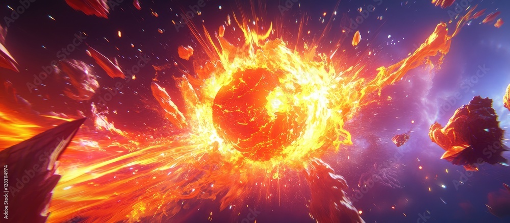 Leinwandbilder dynamic illustration of a fiery cosmic eruption in vibrant oranges and reds with a luminous fireball