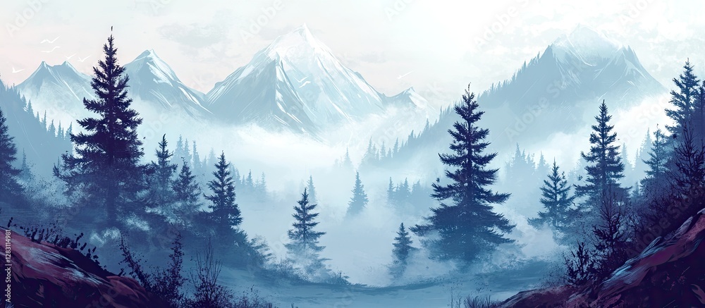 Poster misty foggy mountain landscape featuring tall evergreen trees centered in foreground with snow-cappe