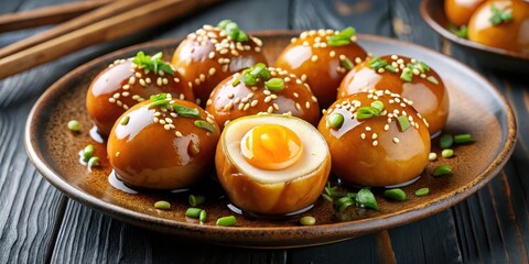 Japanese marinated eggs in soy sauce on a plate with sesame seeds and scallions garnish, perfectly cooked and flavorful, Plate, Egg dishes