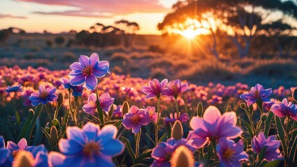 Fototapeta premium Field of pink and purple flowers during sunset with soft lighting and trees in background in nature landscape scene