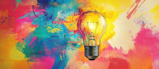 Vibrant abstract background with blue, yellow, and pink hues featuring a glowing lightbulb centered to symbolize innovative business success and ideas