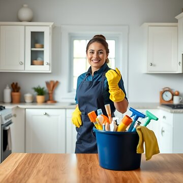 Joven mujer hispana con cabello casta&ntilde;o recogido, camisa de cuello de limpieza azul marino y delantal azul marino oscuro, guantes de goma amarillos, se&ntilde;ora de la limpieza, fondo de cocina casera ameri