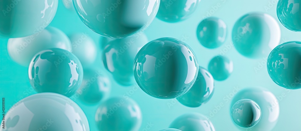 Poster Turquoise abstract background with floating teal spheres creating a captivating visual pattern that highlights vivid hues and depth of field.