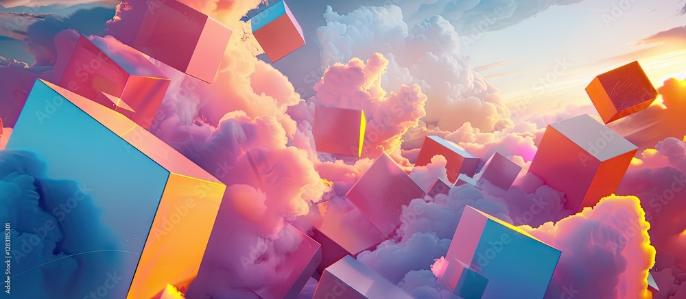 Leinwandbilder vibrant geometric cubes in shades of pink and blue float amidst a colorful cloudy sky at sunset, cre