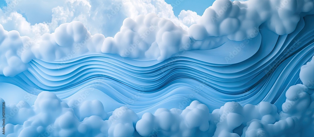 Aufkleber Abstract blue backdrop with flowing wave patterns and white clouds creating a serene and dynamic composition focused on cloud storage elements.