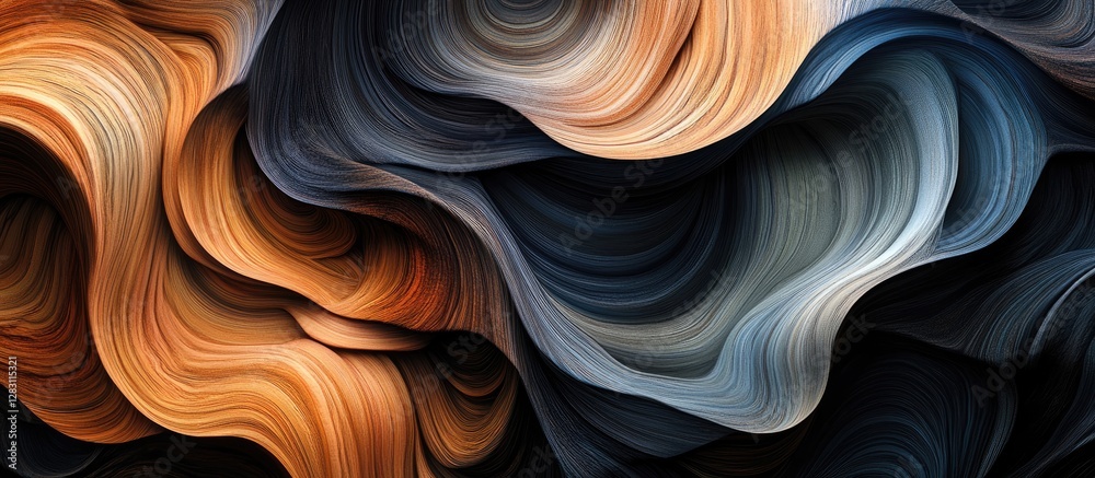 Poster abstract swirling patterns in deep blue, orange, and gray hues with smooth curves and layers creatin