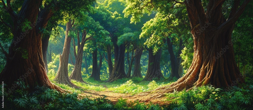 Aufkleber lush green tropical rainforest with tall majestic tree trunks and dappled sunlight creating a vibran