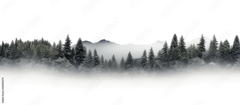 Aufkleber Lush green forests with dark conifers fade into a misty white background creating serene copy space for text and design elements.