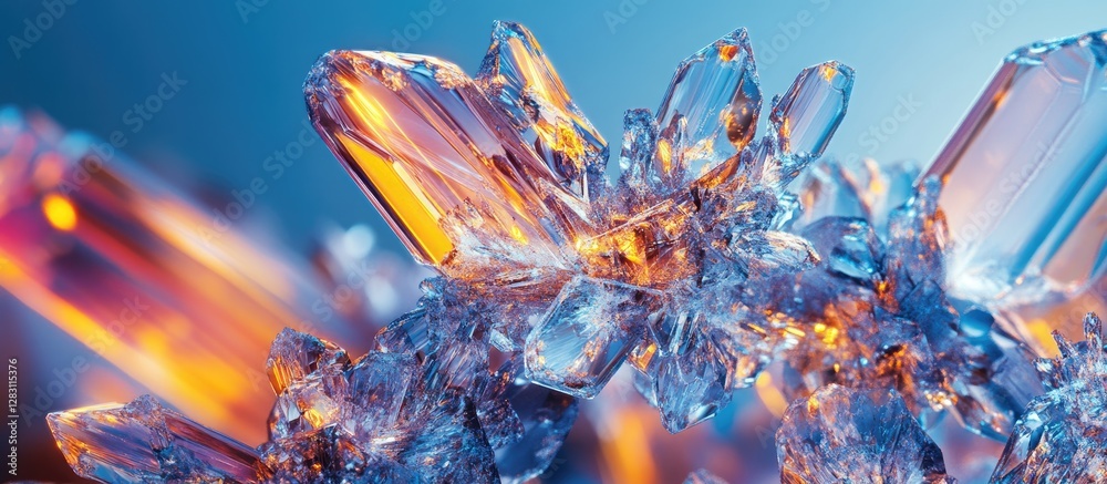Poster macro image showcasing intricate crystalline structures of a frozen pharmaceutical compound with blu