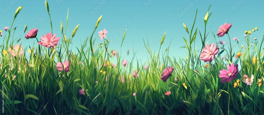 Poster vibrant spring blooms in a lush green meadow against a clear blue sky with towering grass positioned