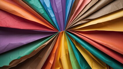 Fototapeta premium Colorful paper fan made of various textures and shades arranged in a circular pattern covering the entire frame