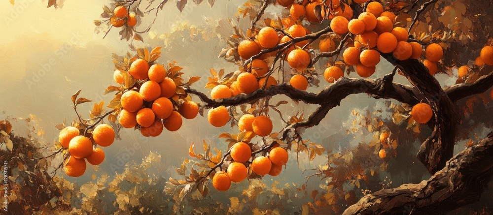 Poster persimmon tree branches adorned with clusters of ripe orange fruits against a soft, warm background 