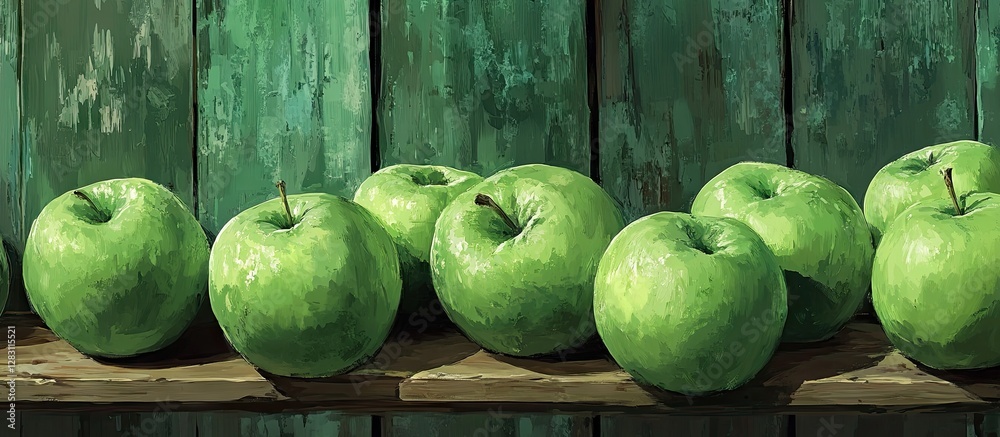 Aufkleber Fresh green apples arranged in a row on a rustic wooden shelf with a deep green background highlighting their vibrant color and texture.