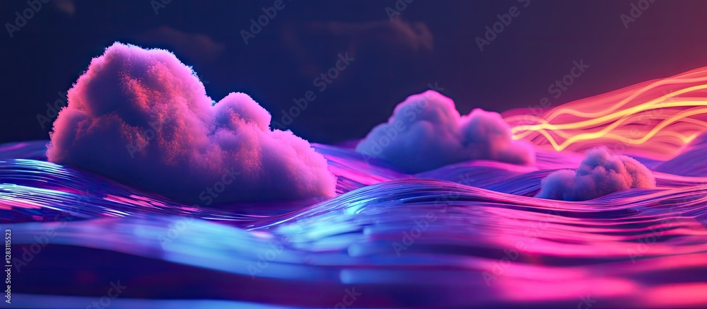 Poster futuristic landscape with vibrant purple and pink clouds atop shimmering blue waves illuminated by d