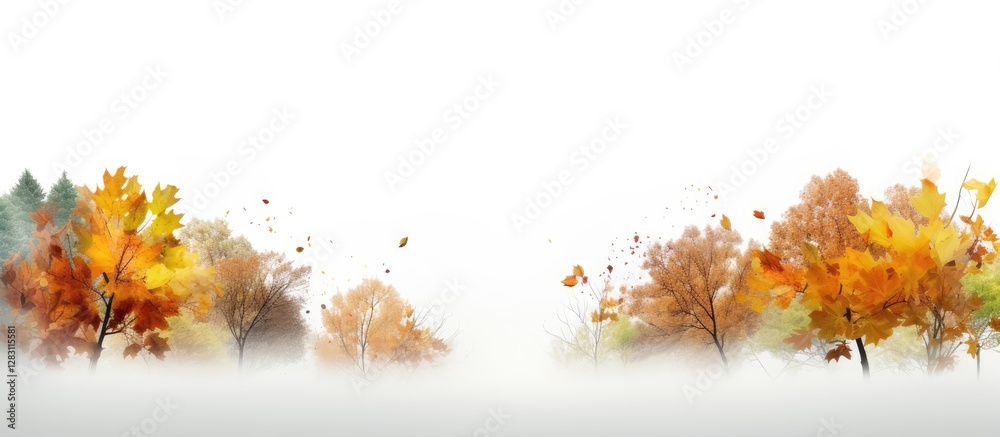 Poster serene autumn forest scene with vibrant orange and yellow leaves at the bottom against a soft white 