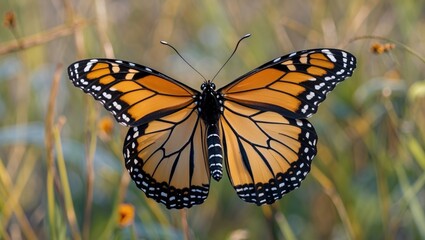 Obraz premium Monarch butterfly perched on plant with blurred natural background displaying vibrant orange and black wings under sunlight