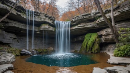 Naklejka premium Waterfall cascading into a tranquil pond surrounded by autumn foliage and rocky cliffs in a natural landscape setting.