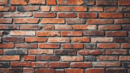 Fototapeta premium Textured red brick wall background with varied shades and patterns in a rustic urban setting.