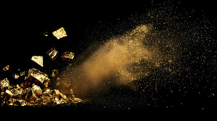 Fototapeta premium Golden Glitter Explosion With Particles And Fragments On Black Background