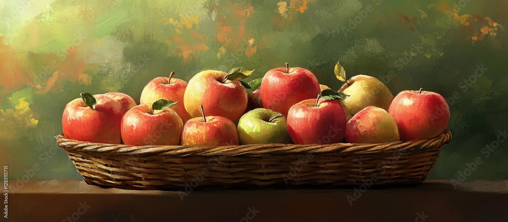 Aufkleber fresh red and green apples arranged in a wicker basket with soft green blurred background highlighti