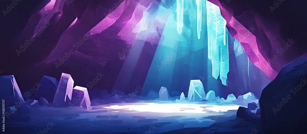 Poster vibrant subterranean glacier cave features glowing ice structures with purple and blue hues illumina