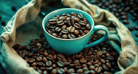 Fototapeta premium Coffee beans in a blue cup surrounded by scattered coffee beans on a wooden surface with burlap fabric.