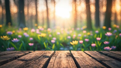 Wooden surface in the foreground with blurred colorful flowers and trees at sunset in a natural outdoor setting