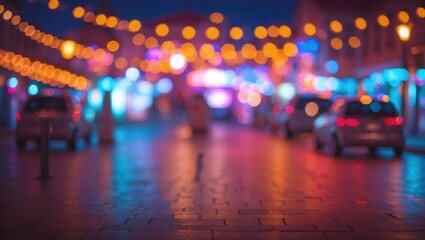 City street at night with colorful bokeh lights and parked cars, creating a vibrant urban atmosphere.