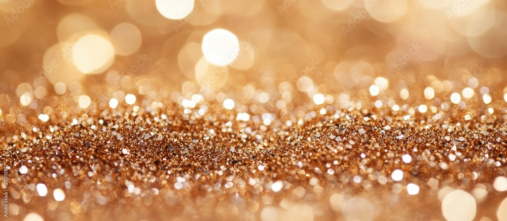 Fototapete Bokeh lights with golden hues create a mesmerizing defocused background, featuring shimmering glitter in an abstract arrangement.
