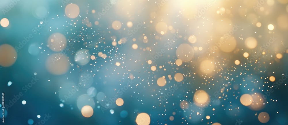 Poster Blue abstract background with soft bokeh light effects in gold and white particles creating a dreamy, defocused appearance for visual impact.