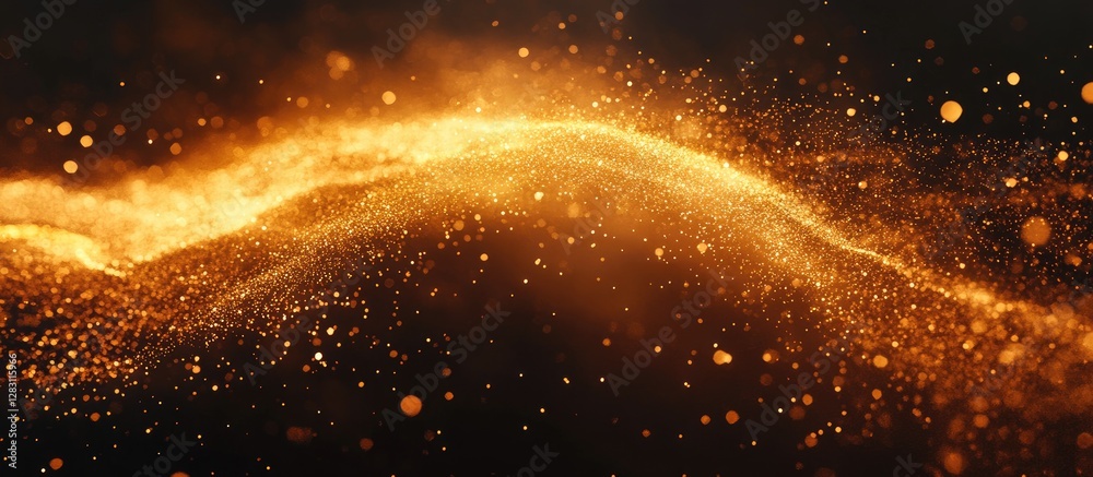 Poster glowing golden arc of particles on a dark background showcasing dynamic light and movement with a me