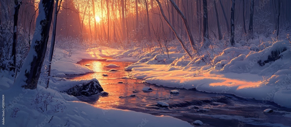 Aufkleber twilight glow reflecting on a snow-covered stream through a dark forest with warm orange hues contra