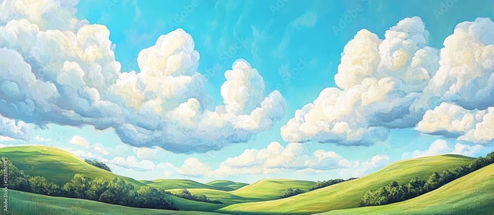 Poster serene landscape of gently rolling green hills under a vibrant blue sky with fluffy white clouds cre
